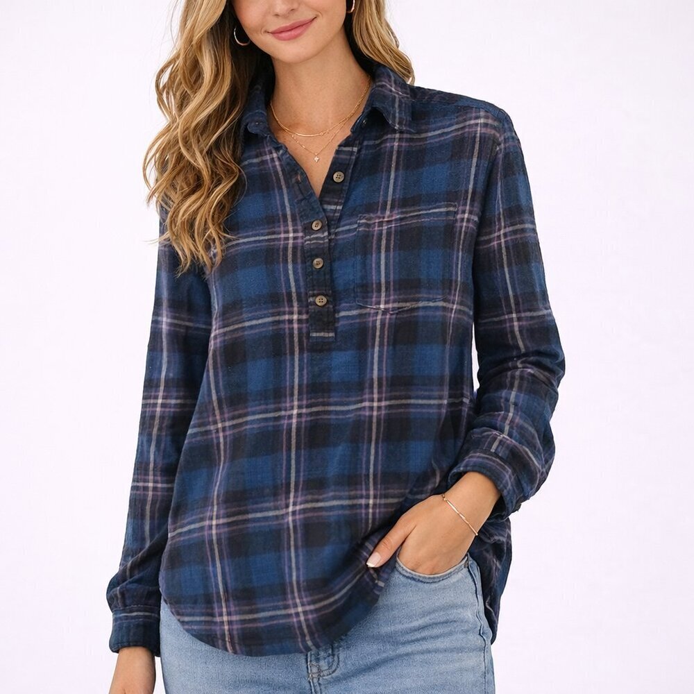 Anthro Isadora Plaid Flannel Popover Tunic Shirt Button Back XS